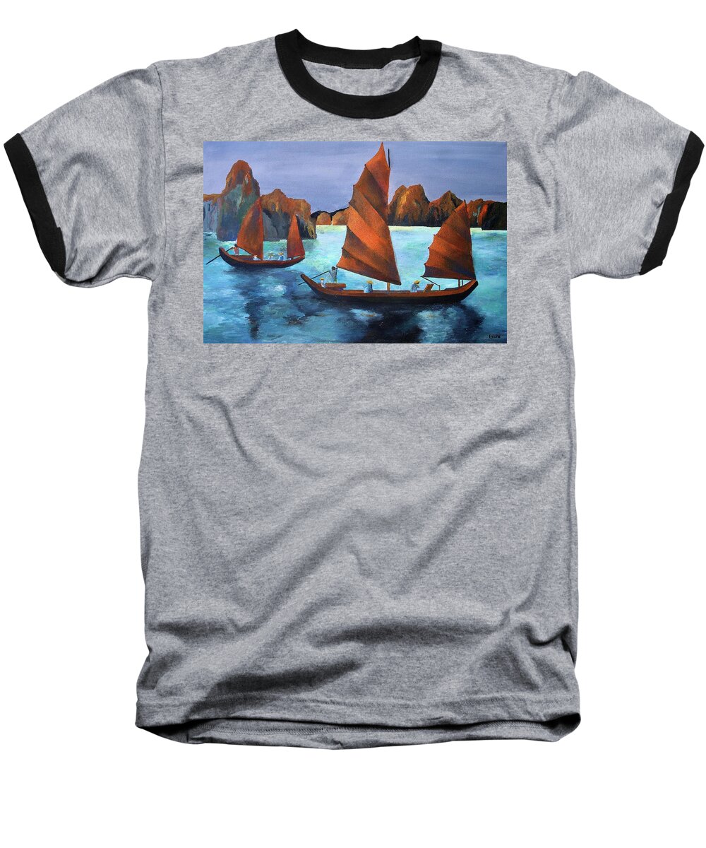 Fishing Baseball T-Shirt featuring the painting Junks In the Descending Dragon Bay by Taiche Acrylic Art