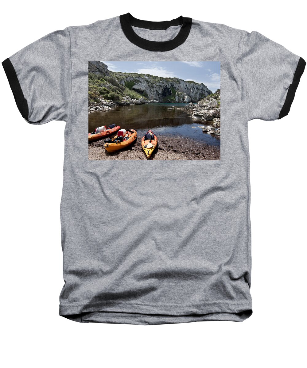 Blue Baseball T-Shirt featuring the photograph Kayak time - The Landscape of Cales Coves Menorca is a great place for peace and sport by Pedro Cardona Llambias