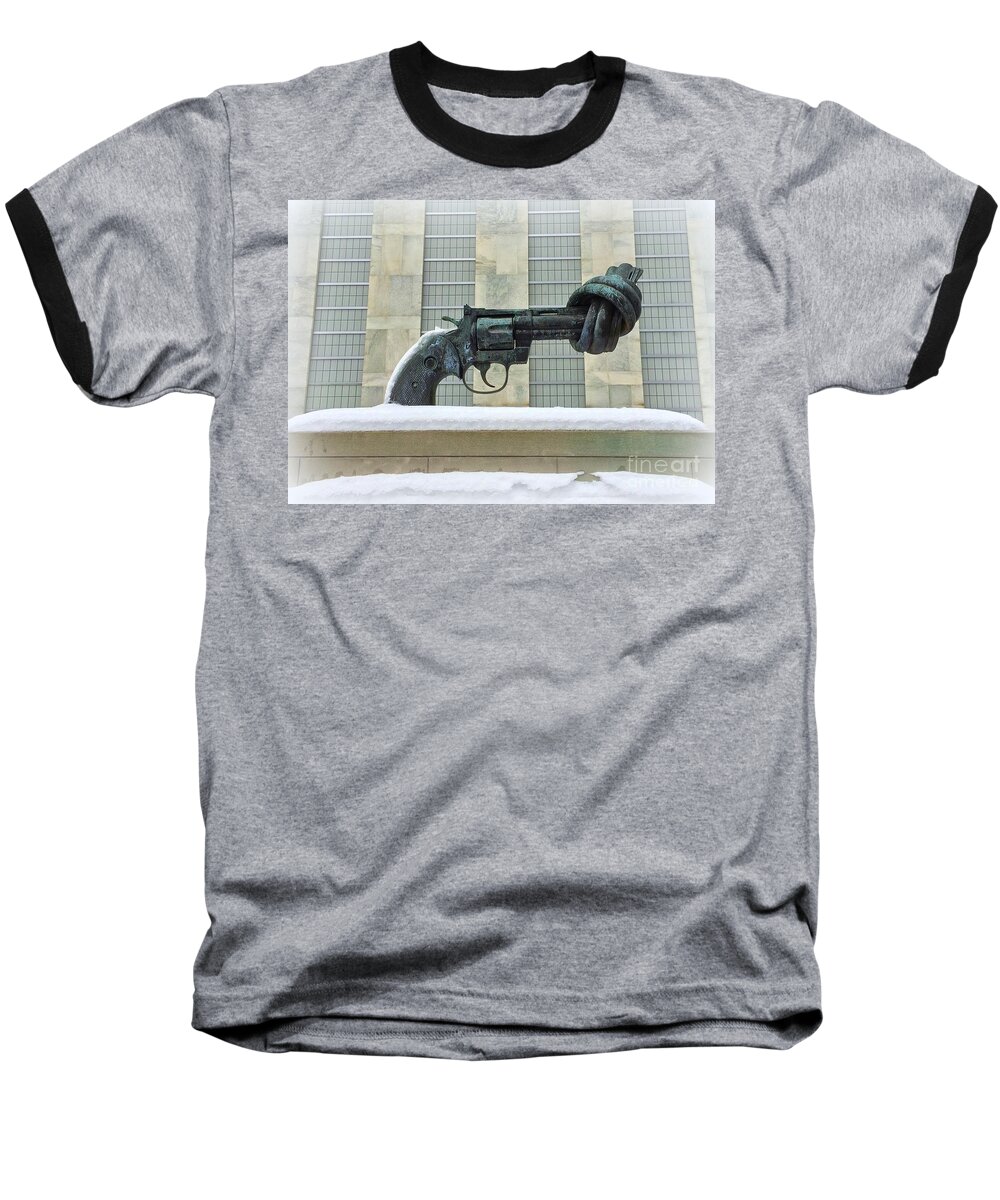 United Nations Baseball T-Shirt featuring the photograph Knotted Gun Sculpture at the United Nations by Miriam Danar