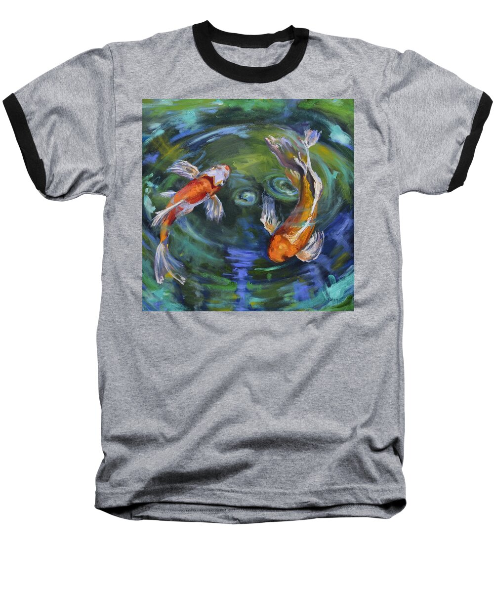 Koi Baseball T-Shirt featuring the painting Koi Swirl by Donna Tuten