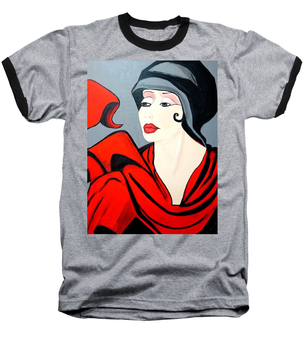 Lady Baseball T-Shirt featuring the painting Lady In Red Art Deco by Nora Shepley