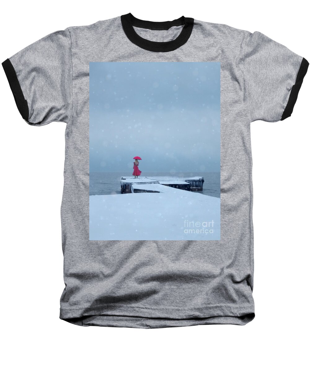Lady Baseball T-Shirt featuring the photograph Lady in Red on Snowy Pier by Jill Battaglia