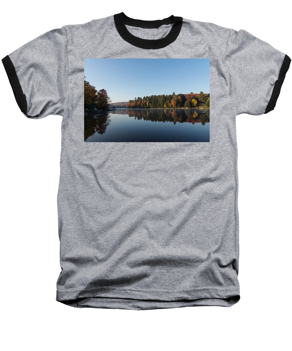Lakeside Living Baseball T-Shirt featuring the photograph Lakeside Cottage Living - Peaceful Morning Mirror by Georgia Mizuleva
