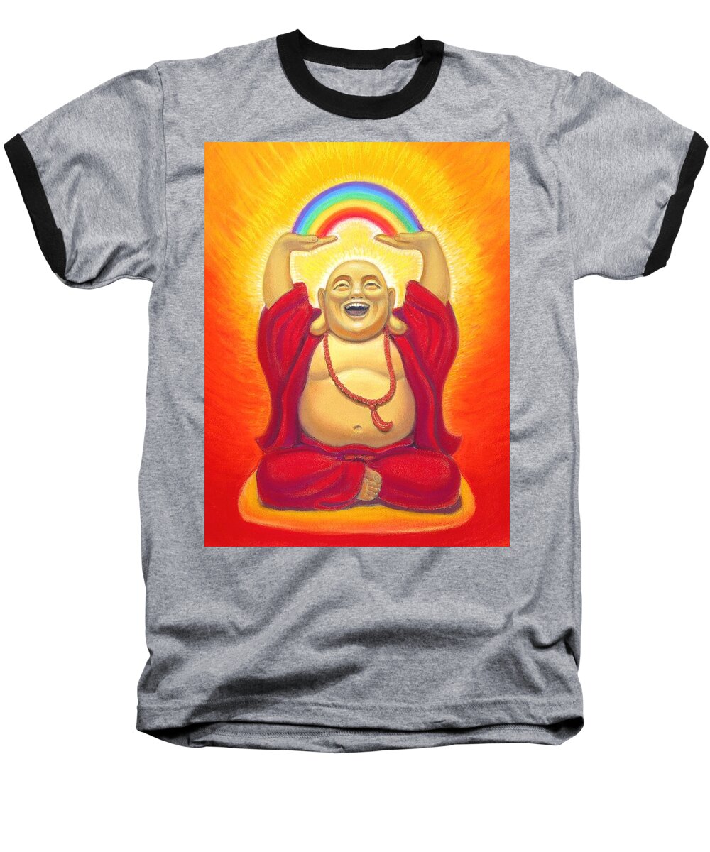Buddha Baseball T-Shirt featuring the pastel Laughing Rainbow Buddha by Sue Halstenberg
