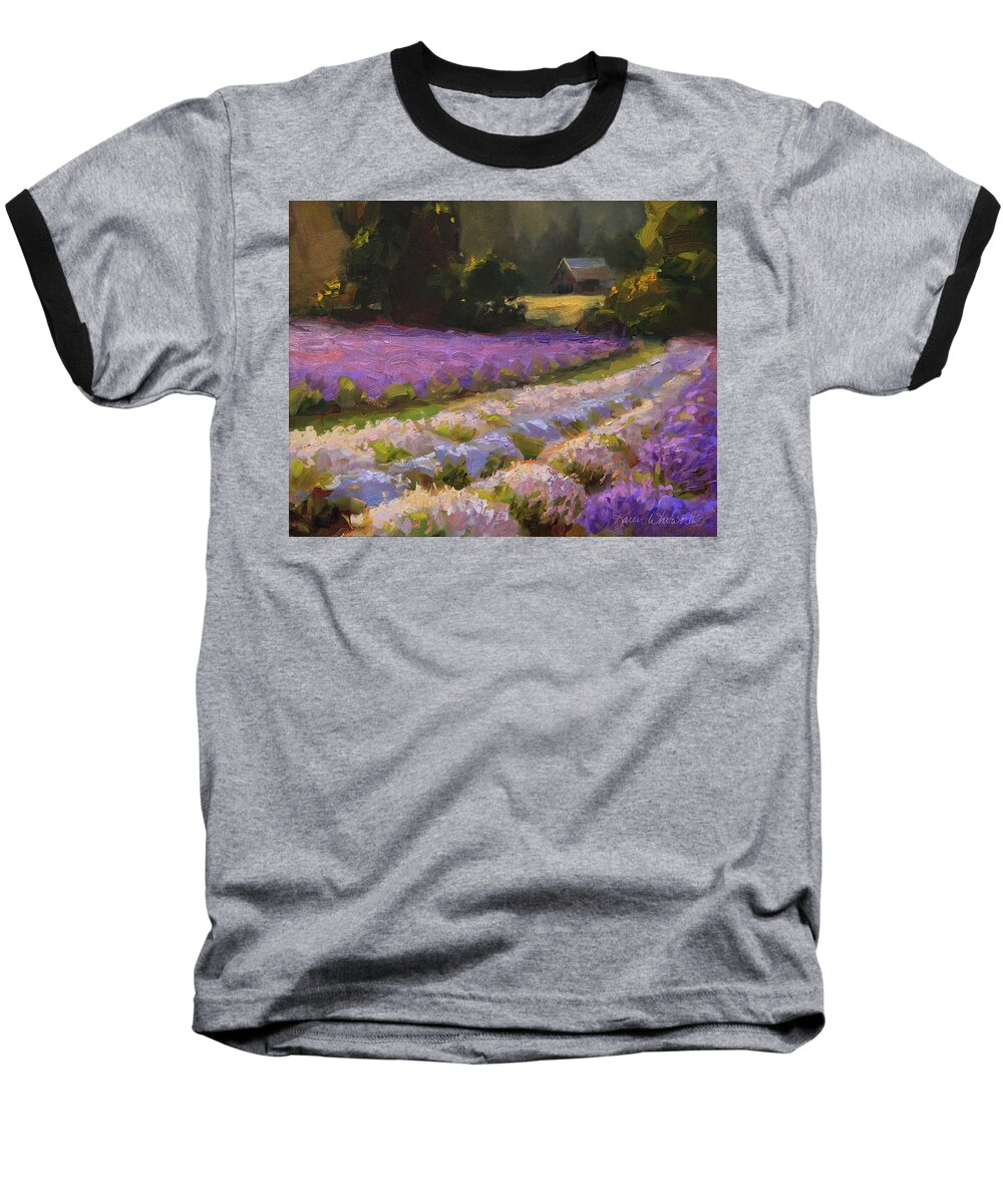 Oregon Baseball T-Shirt featuring the painting Lavender Farm Landscape Painting - Barn and Field at Sunset Impressionism by K Whitworth