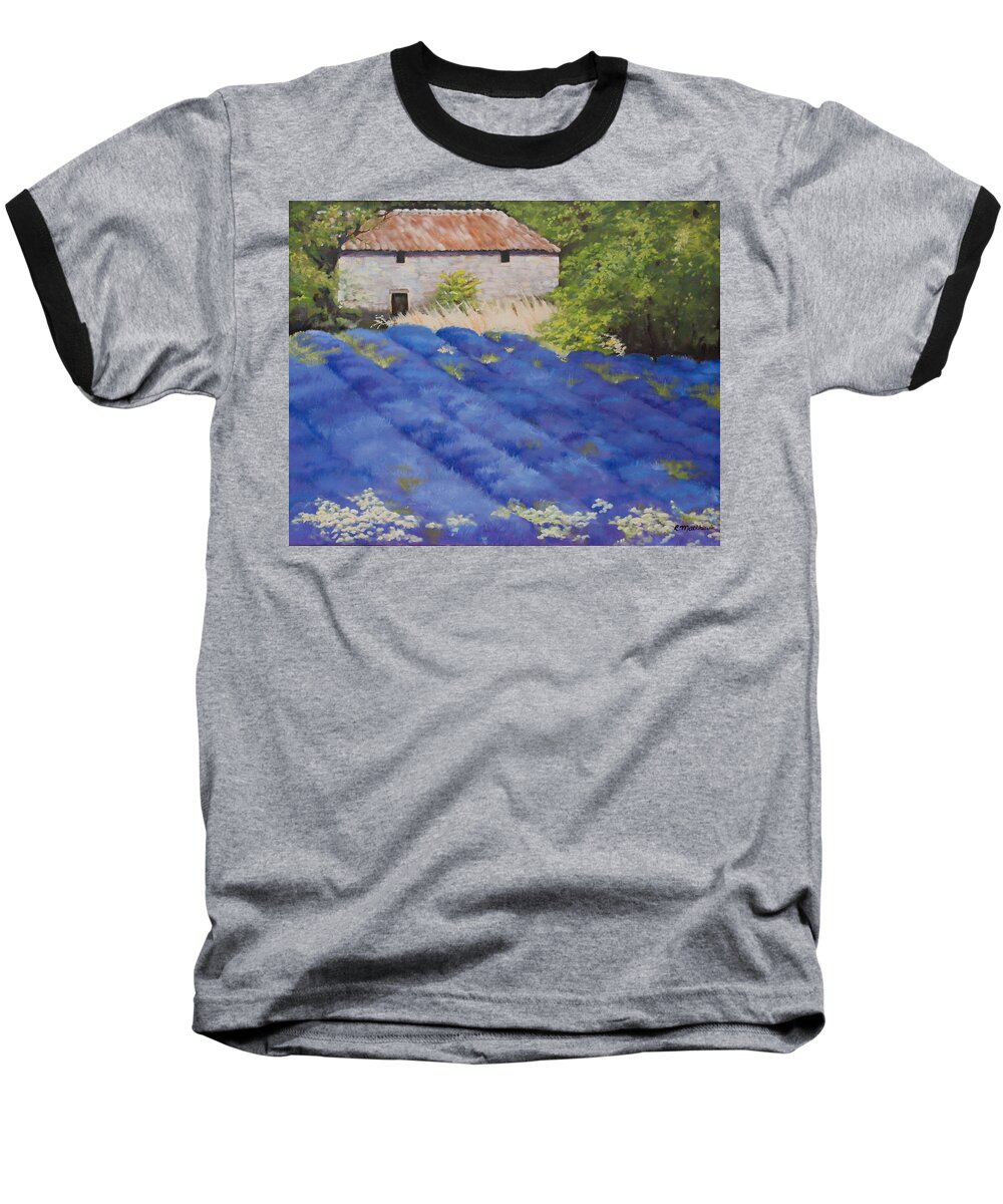 Lavender Baseball T-Shirt featuring the painting Lavender Fields by Rebecca Matthews