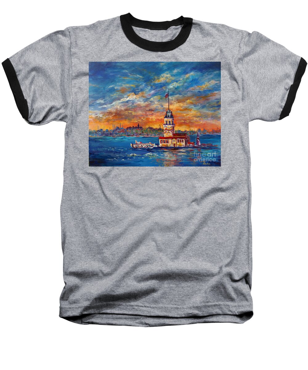 Leander's Tower Baseball T-Shirt featuring the painting Leanders Tower Istanbul by Lou Ann Bagnall