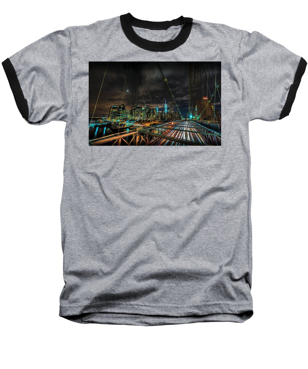 City Baseball T-Shirt featuring the photograph Leaving New York City via the Brooklyn Bridge by David Morefield