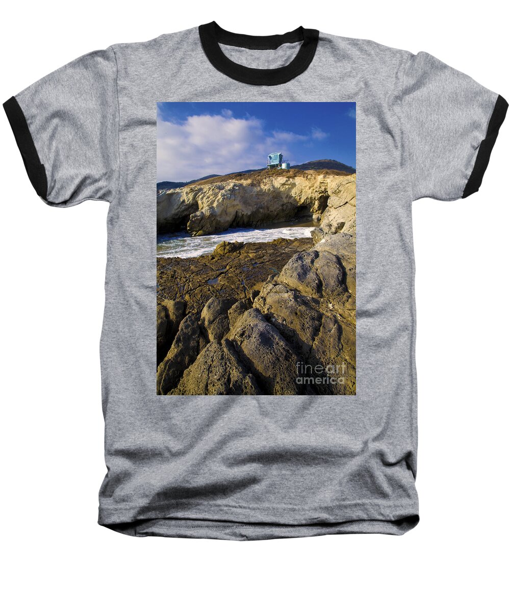 California Baseball T-Shirt featuring the photograph Lifeguard tower on the edge of a cliff by David Millenheft