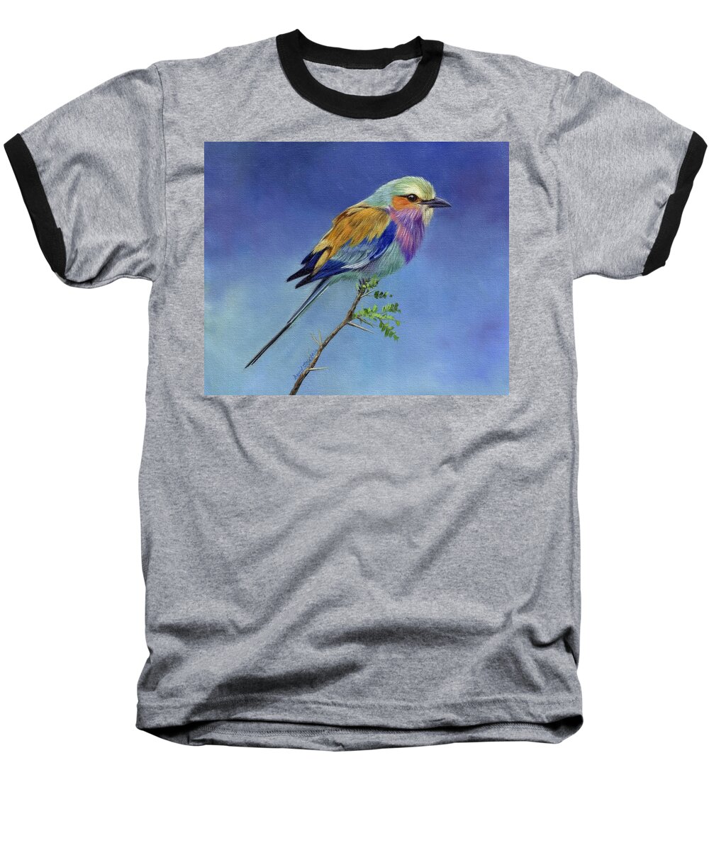 Lilacbreasted Roller Baseball T-Shirt featuring the painting Lilacbreasted Roller by David Stribbling