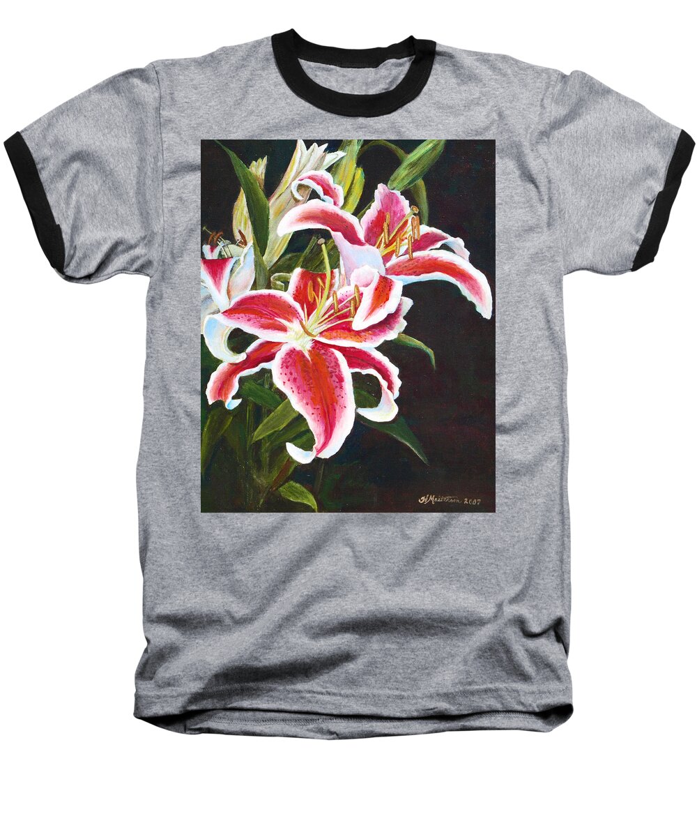 Lily Baseball T-Shirt featuring the painting Lilli's Stargazers by Harriett Masterson