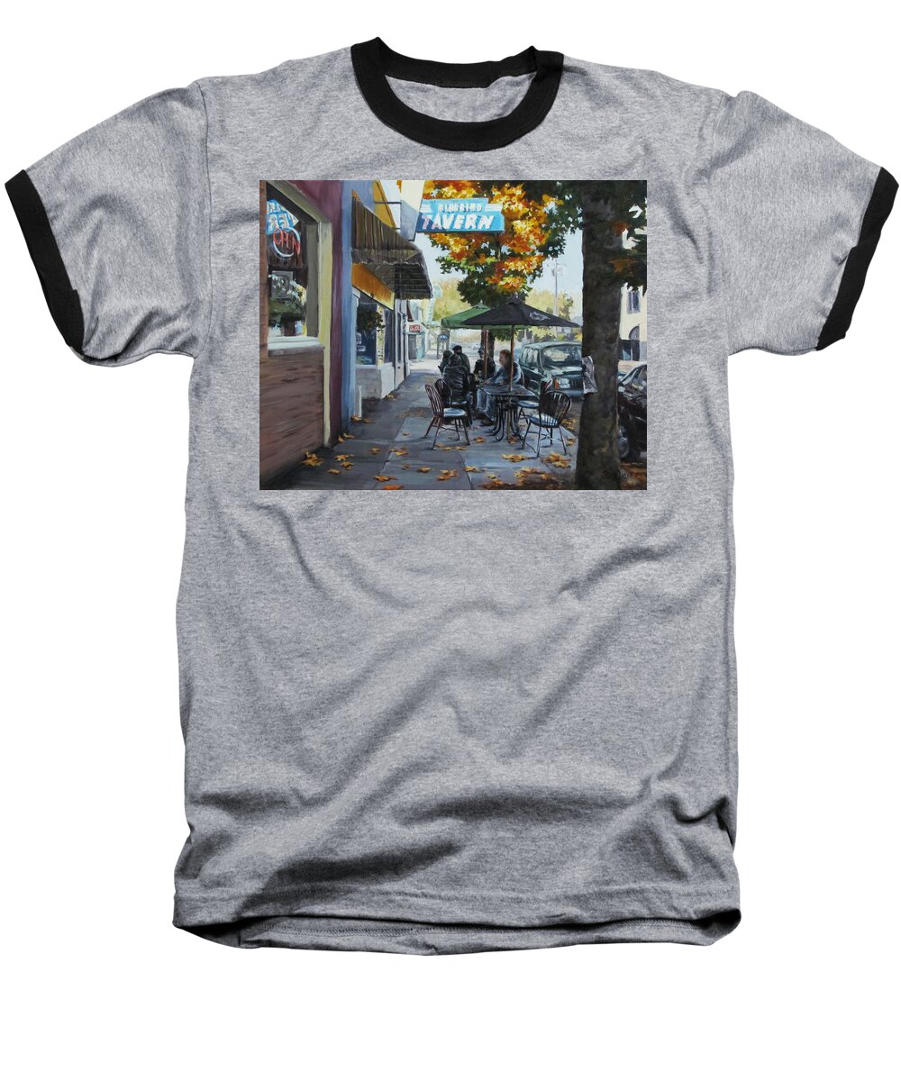 City Baseball T-Shirt featuring the painting Local Color by Karen Ilari