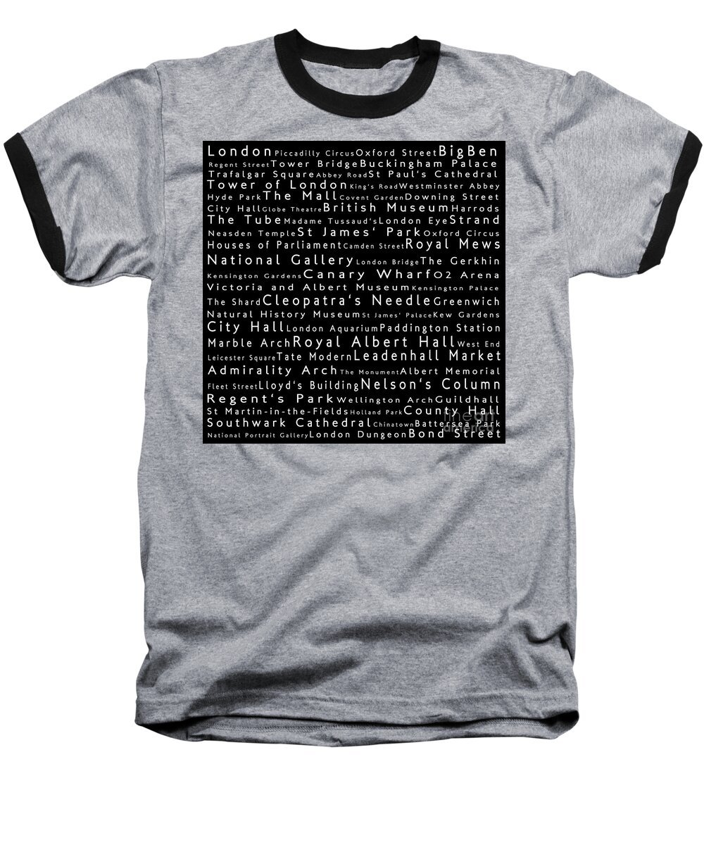 Cities Baseball T-Shirt featuring the digital art London in Words Black by Sabine Jacobs