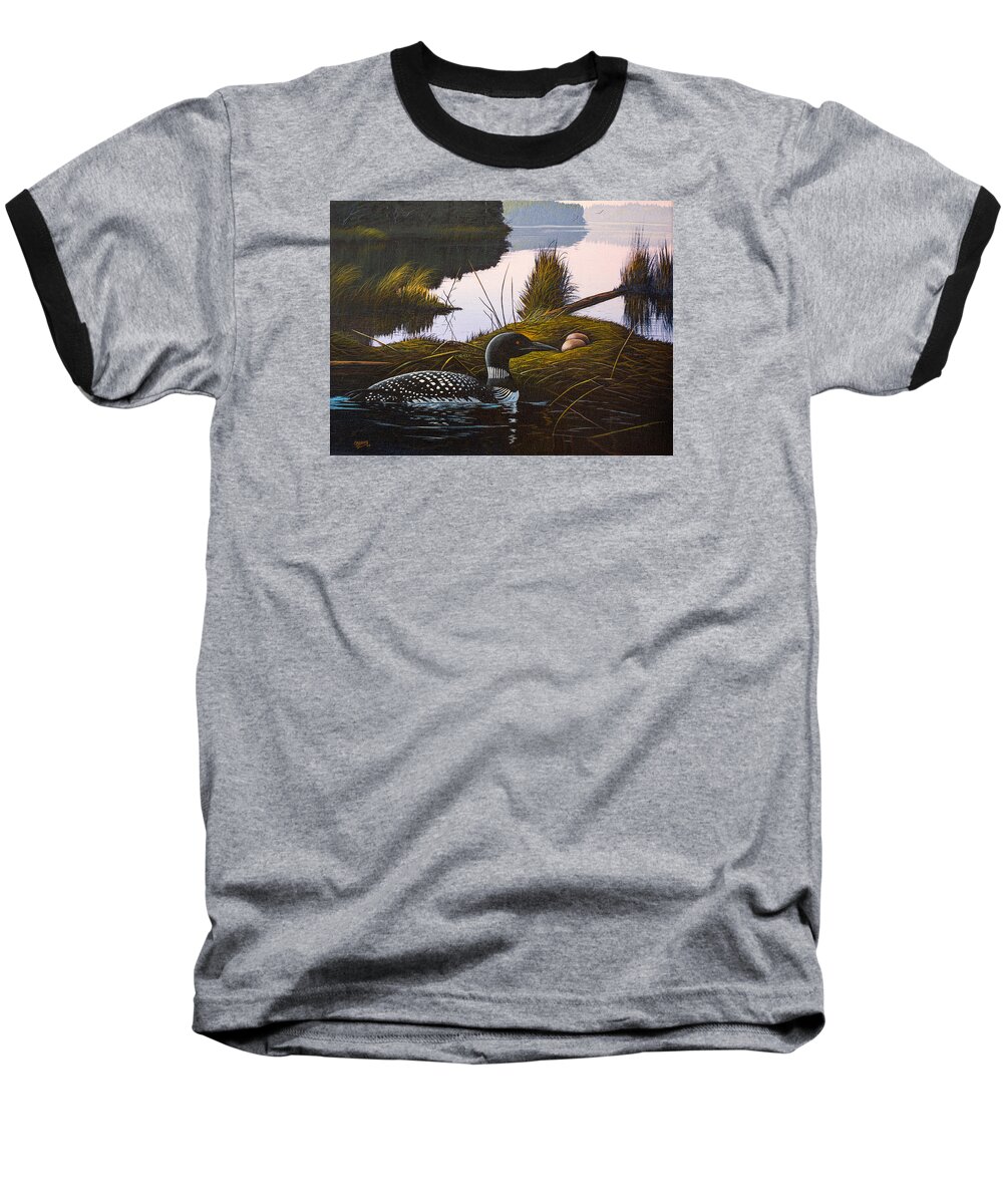 Loon Baseball T-Shirt featuring the painting Loon Lake by Richard Faulkner