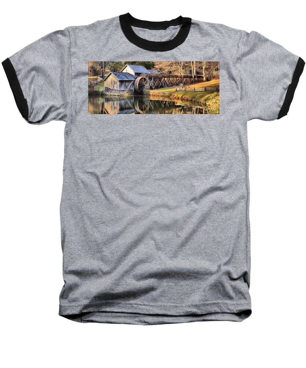 Mabry Mill Panorama Baseball T-Shirt featuring the photograph Mabry Grist Mill Fall Panorama by Adam Jewell