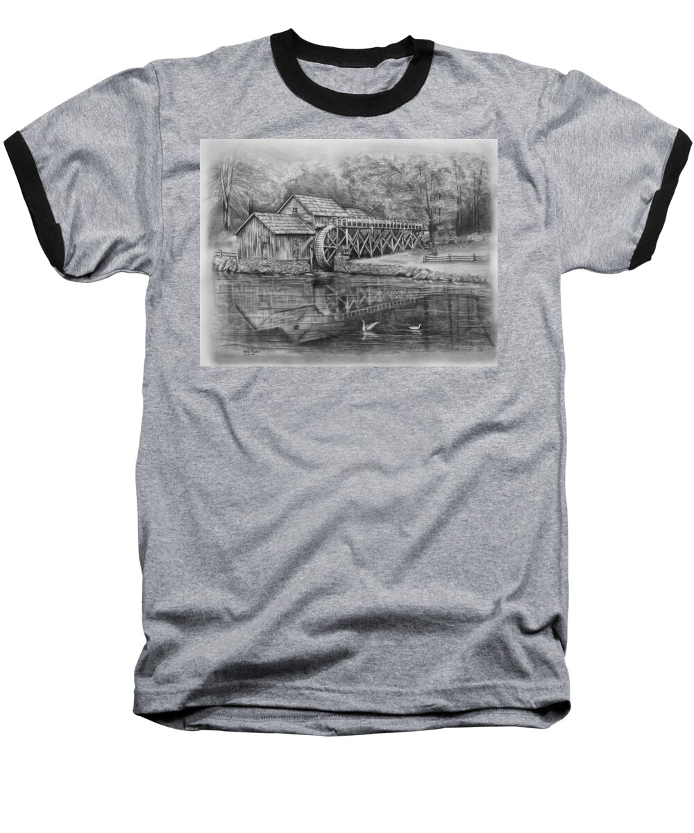 Pencil Baseball T-Shirt featuring the drawing Mabry Mill Pencil Drawing by Lena Auxier