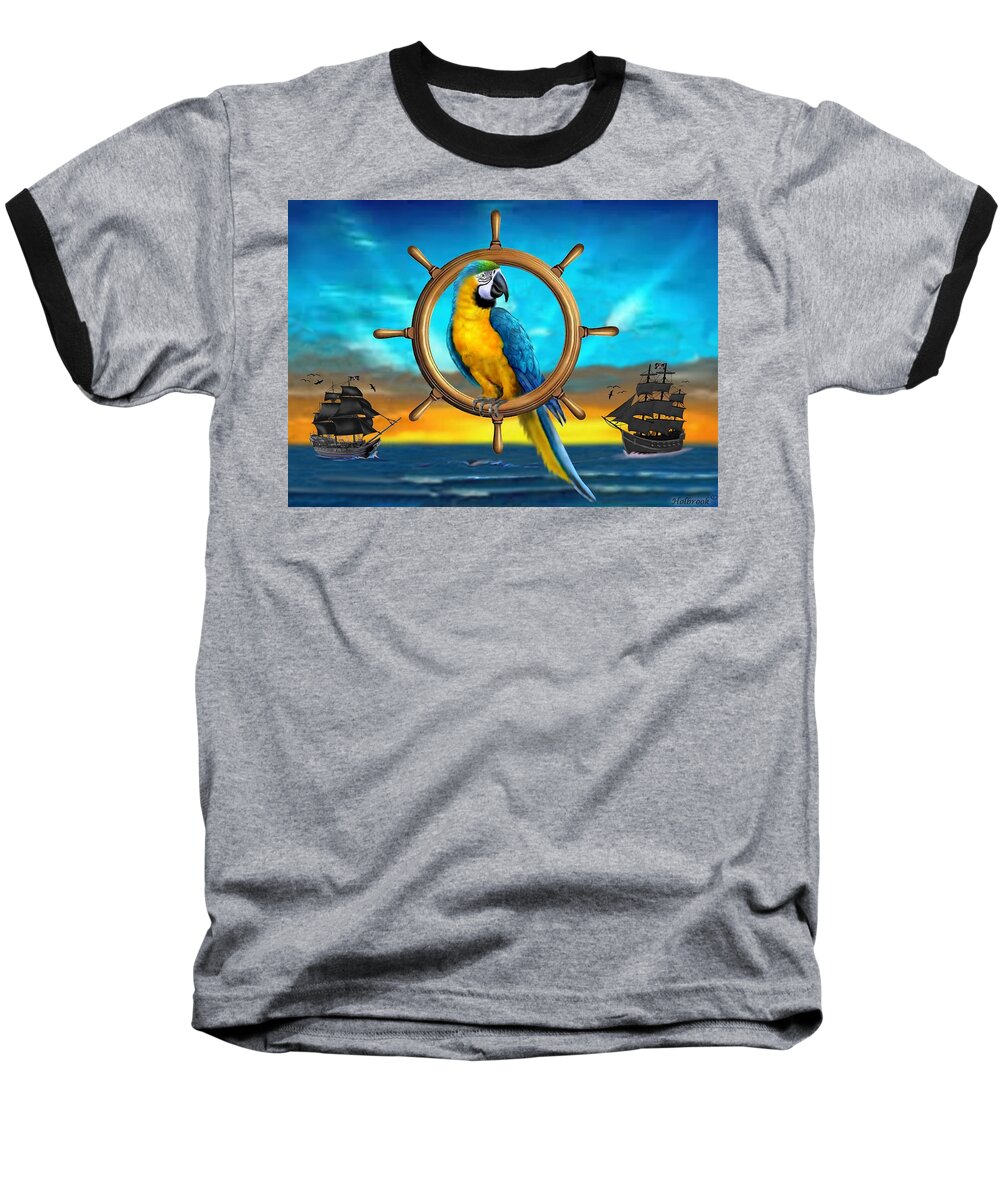 Blue And Yellow Macaw Parrot Baseball T-Shirt featuring the digital art Macaw Pirate Parrot by Glenn Holbrook