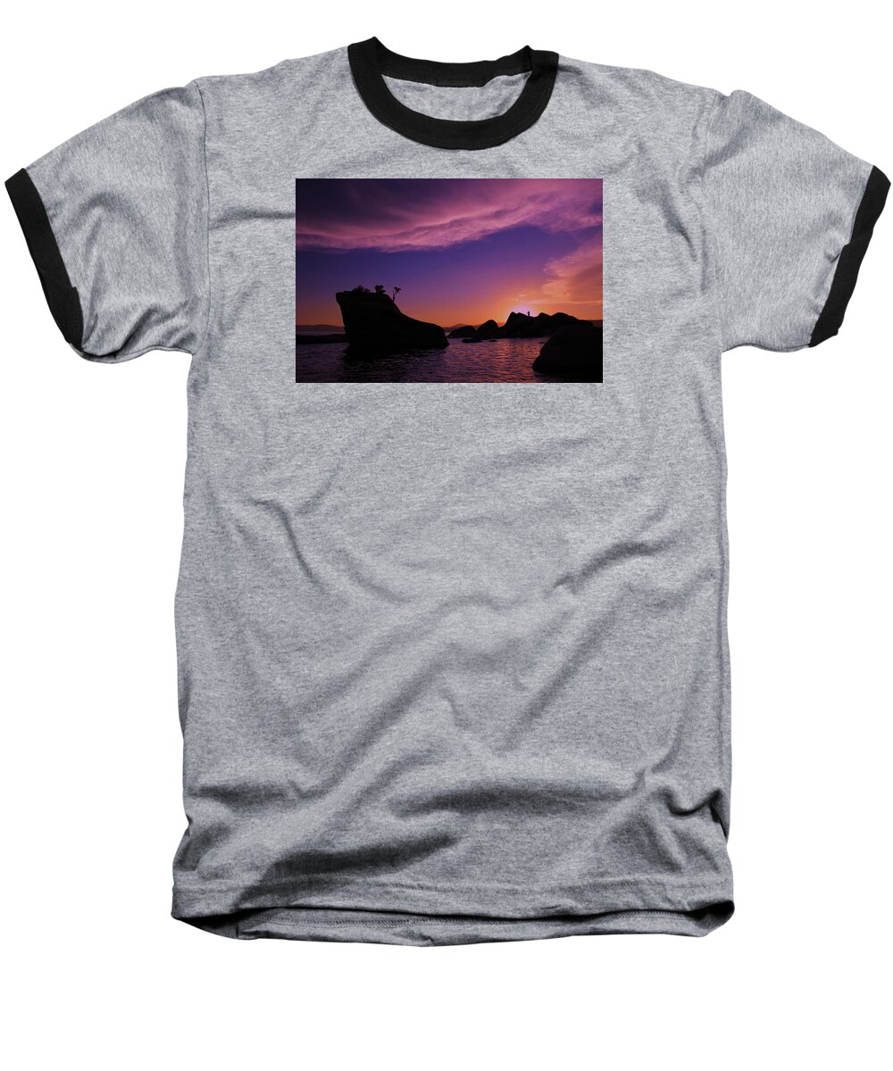Lake Tahoe Baseball T-Shirt featuring the photograph Man in Sun at Bonsai Rock by Sean Sarsfield