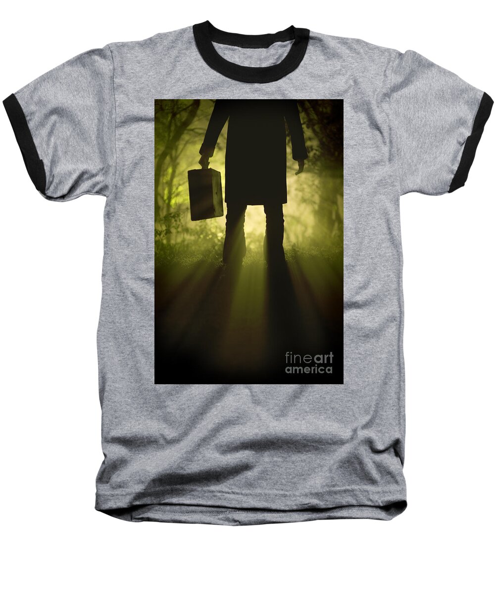 Man Baseball T-Shirt featuring the photograph Man With Case In Fog by Lee Avison