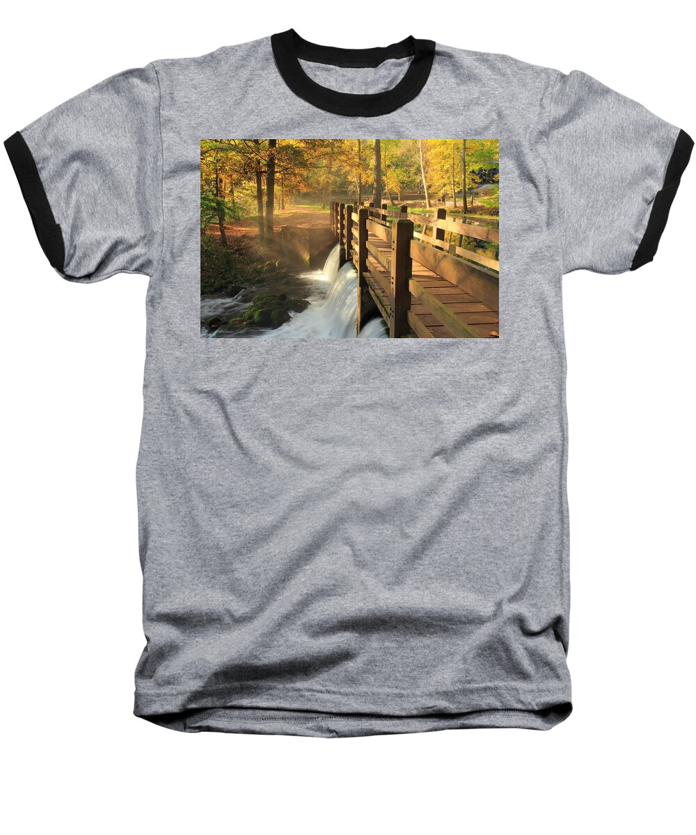 Maramec Spring Park Baseball T-Shirt featuring the photograph Maramec Bridge and Falls by Scott Rackers