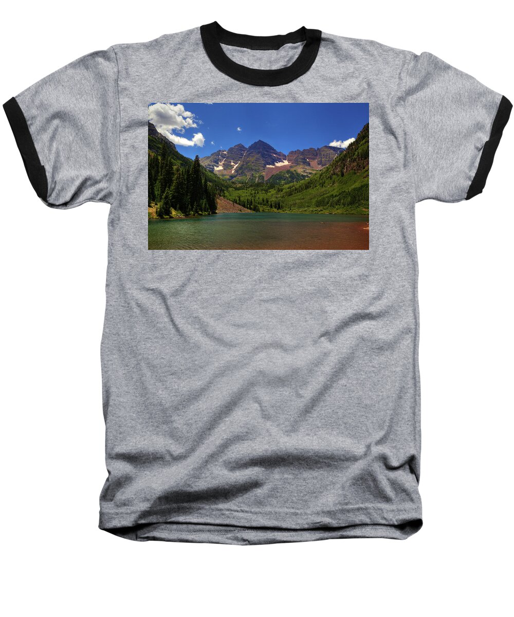 Colorado Baseball T-Shirt featuring the photograph Maroon Bells from Maroon Lake by Alan Vance Ley