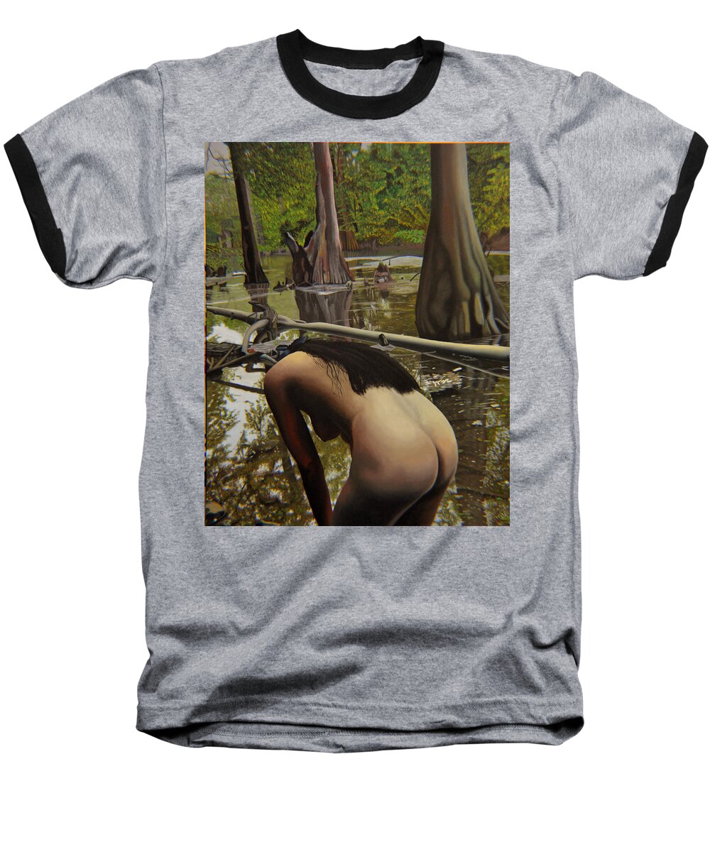 Nude Baseball T-Shirt featuring the painting May Morning Arkansas River 2 by Thu Nguyen