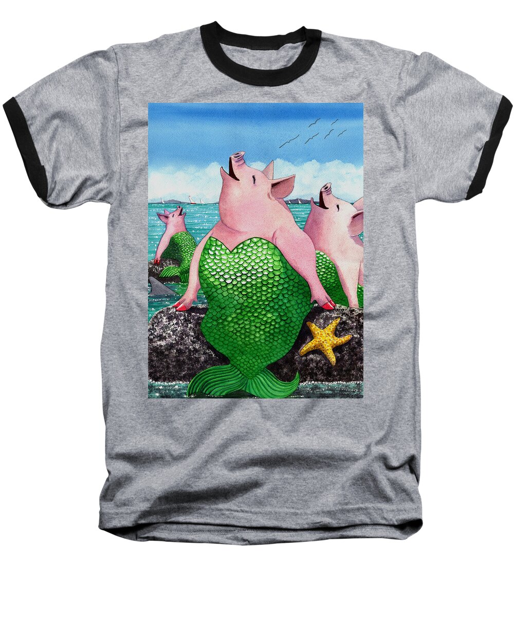 Mermaid Baseball T-Shirt featuring the painting Merpigs by Catherine G McElroy