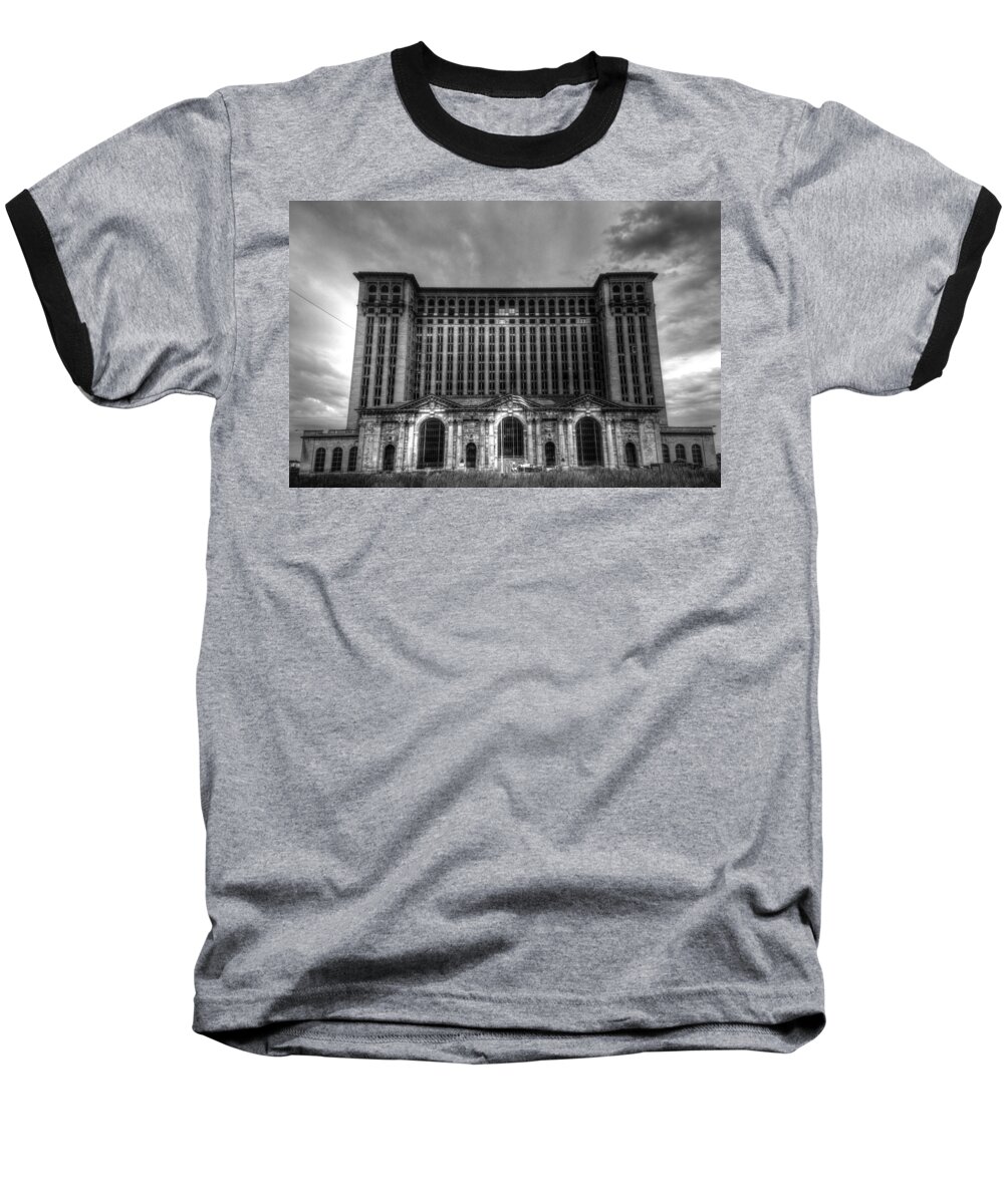 Michigan Central Station Baseball T-Shirt featuring the photograph Michigan Central Station BW by Jonathan Davison