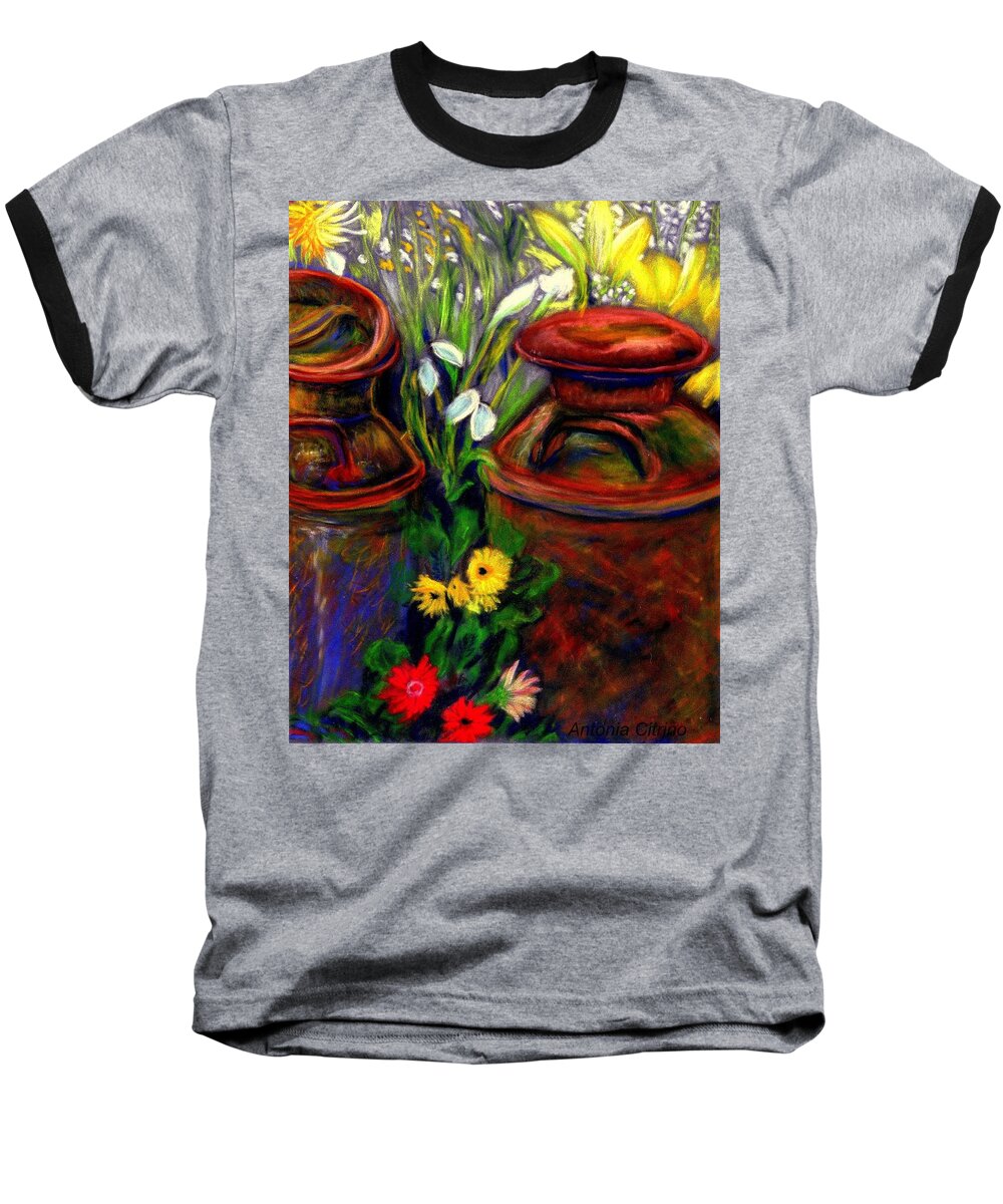 Milk Cans Baseball T-Shirt featuring the pastel Milk Cans at Flower Show Sold by Antonia Citrino