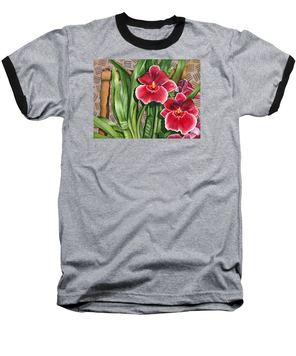 Flower Baseball T-Shirt featuring the painting Miltonia Orchids by Lynda Hoffman-Snodgrass