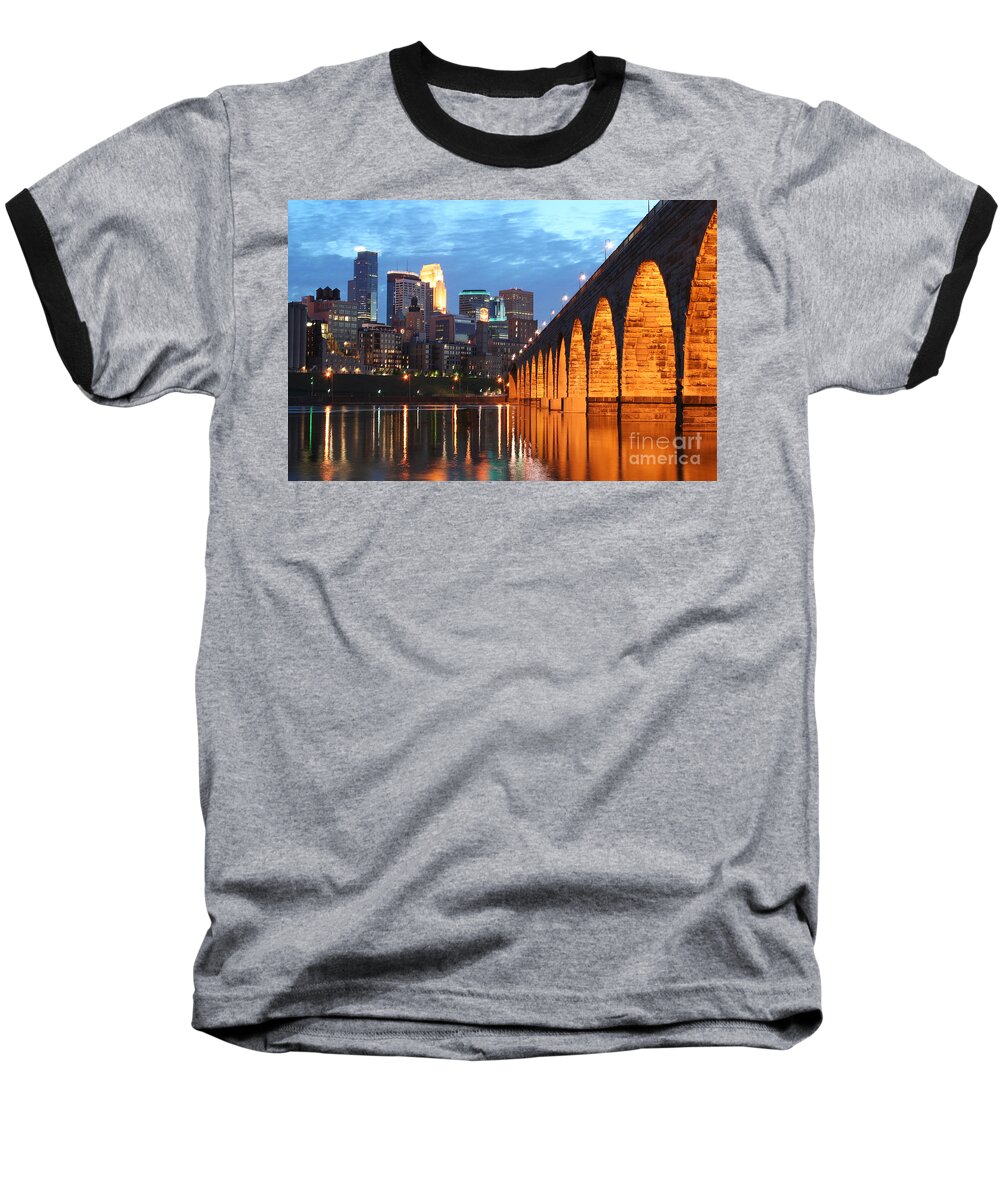 Minneapolis Skyline Baseball T-Shirt featuring the photograph Minneapolis Skyline Photography Stone Arch Bridge by Wayne Moran