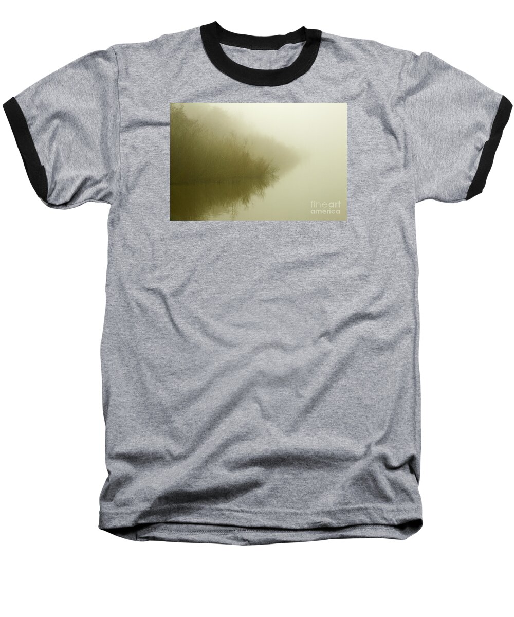 Clare Bambers Baseball T-Shirt featuring the photograph Misty Morning Reflection. by Clare Bambers