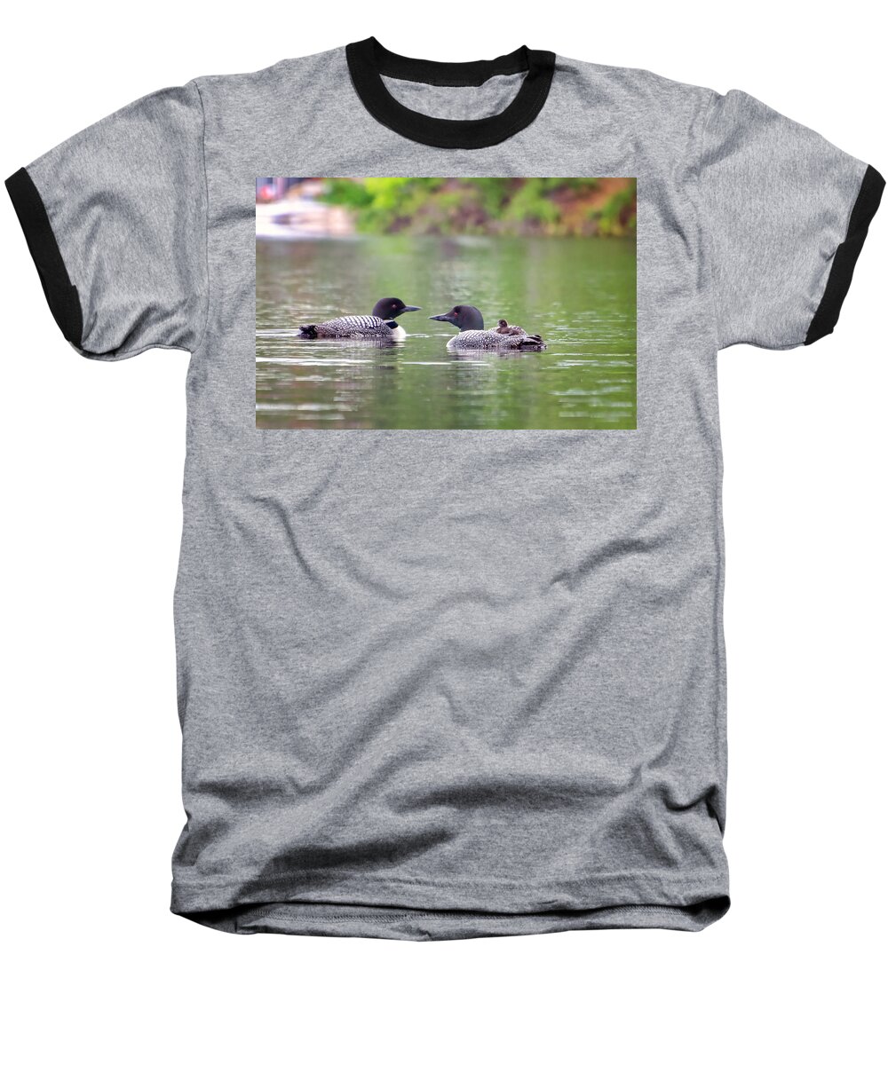 Loon Baseball T-Shirt featuring the photograph Mom and Dad Loon with Baby on Back by Donna Doherty