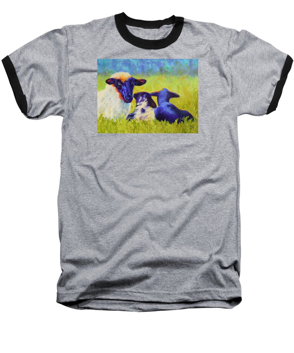 Sheep Baseball T-Shirt featuring the painting Mom and the Kids by Nancy Jolley