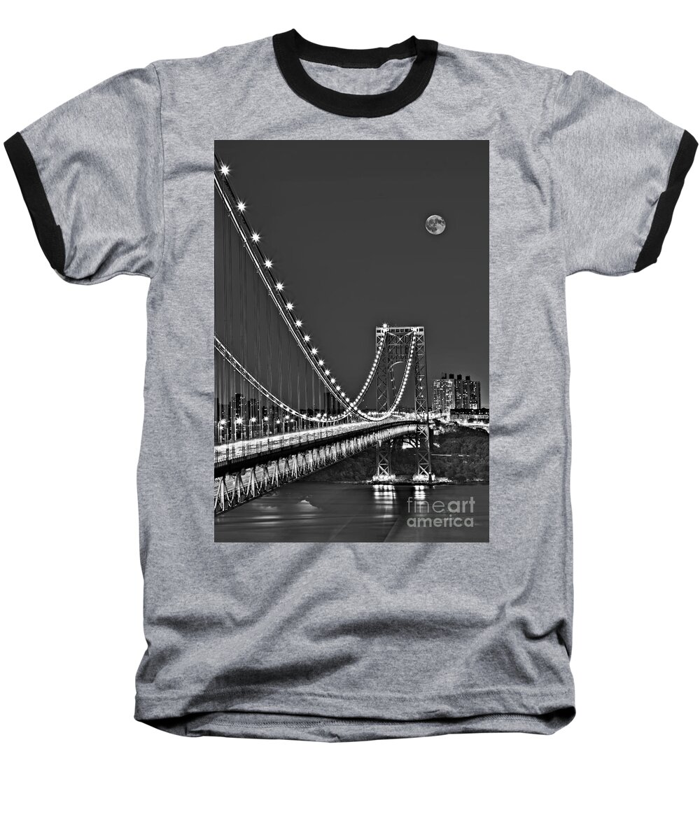 George Washington Bridge Baseball T-Shirt featuring the photograph Moon Rise over the George Washington Bridge BW by Susan Candelario