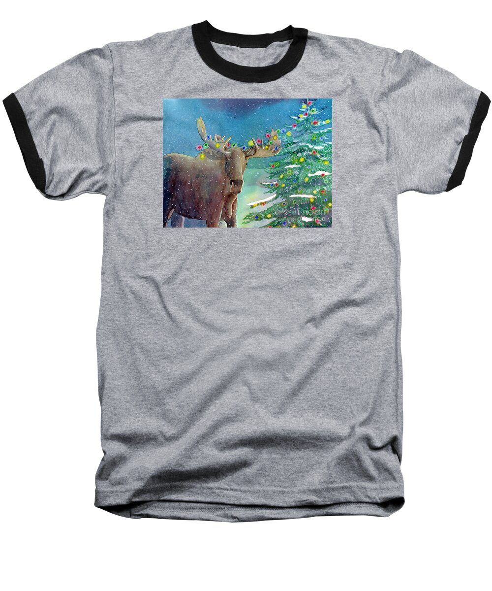 Moose Baseball T-Shirt featuring the painting Moosey Christmas by LeAnne Sowa
