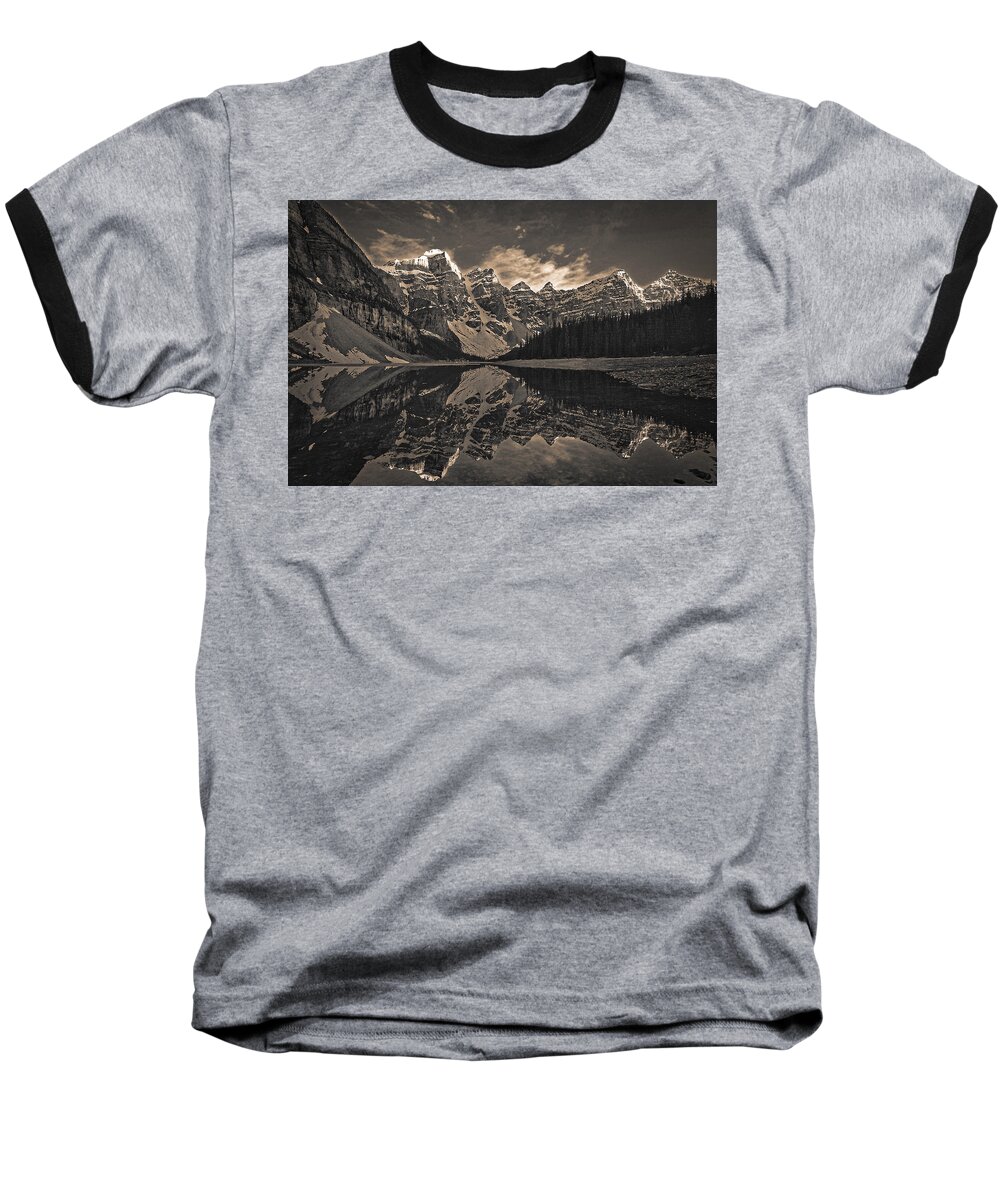 Moraine Lake Baseball T-Shirt featuring the photograph Moraine Lake at Sundown - Black and White by Stuart Litoff
