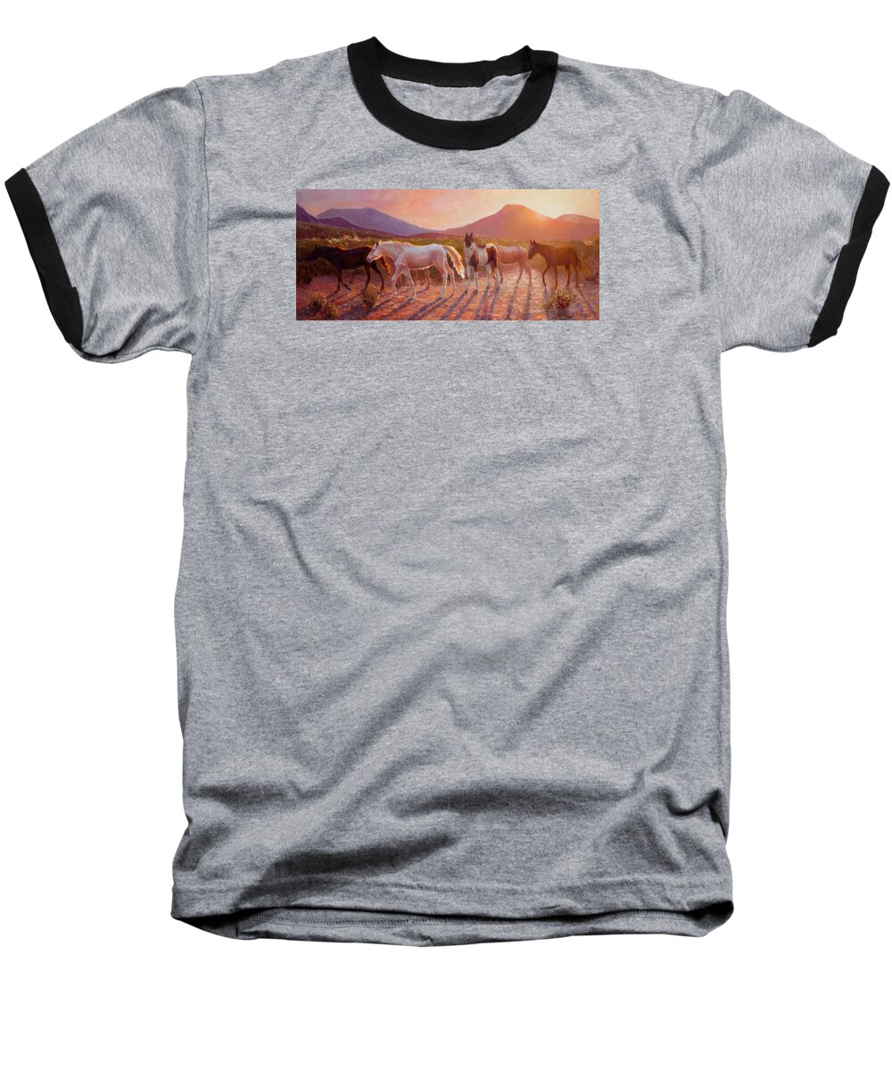 Arizona Art Baseball T-Shirt featuring the painting More Than Light Arizona Sunset and Wild Horses by K Whitworth