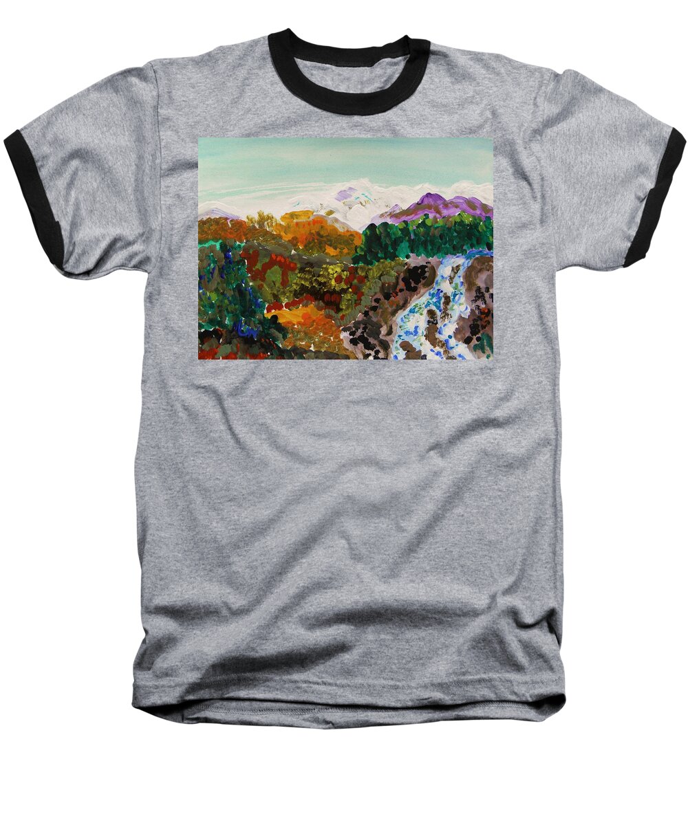Colorful Landscape Baseball T-Shirt featuring the painting Mountain Water by Mary Carol Williams