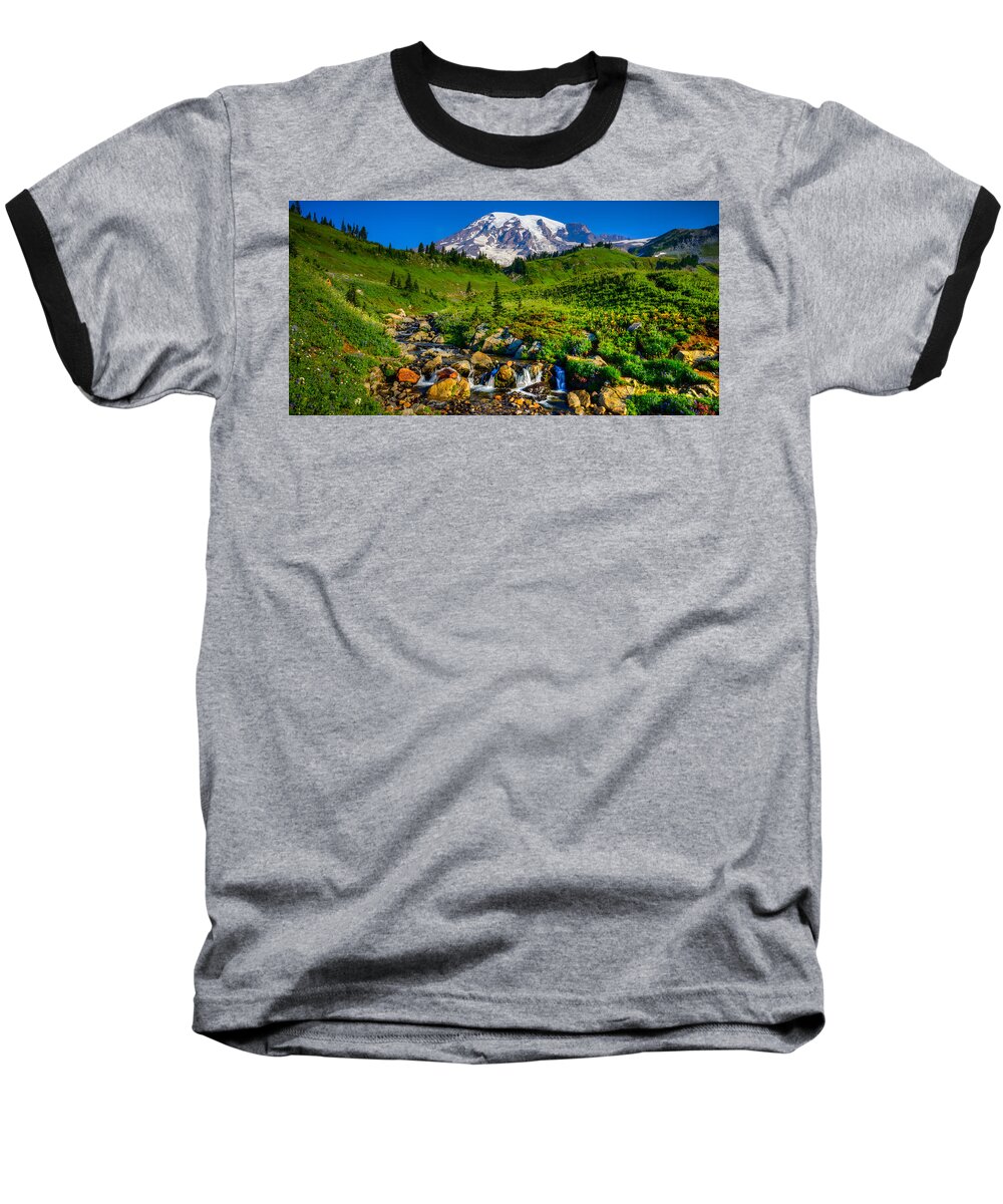 Mt. Rainier Baseball T-Shirt featuring the photograph Mt. Rainier Stream by Chris McKenna