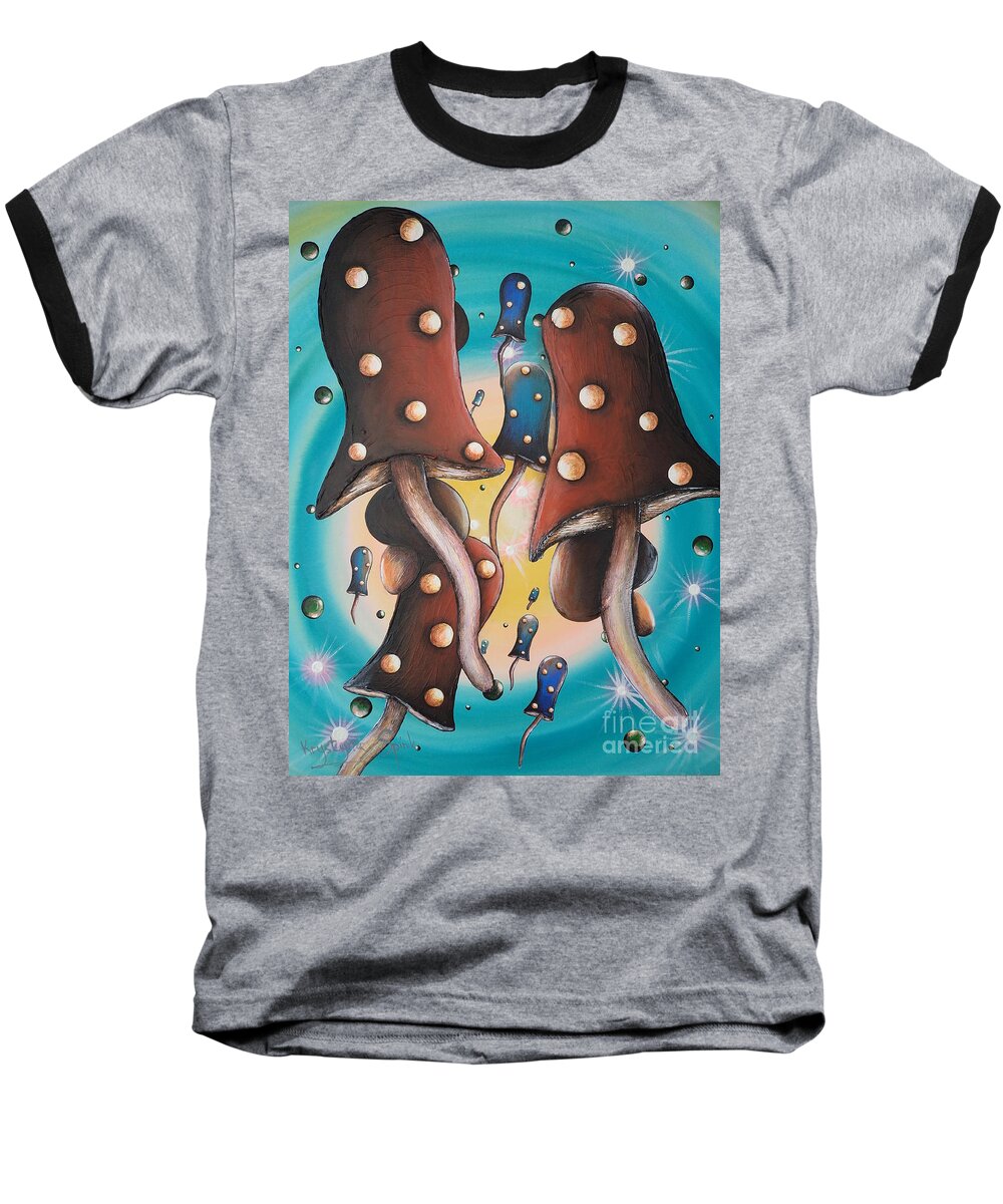 Mushrooms Baseball T-Shirt featuring the painting Mushroom Migration by Krystyna Spink
