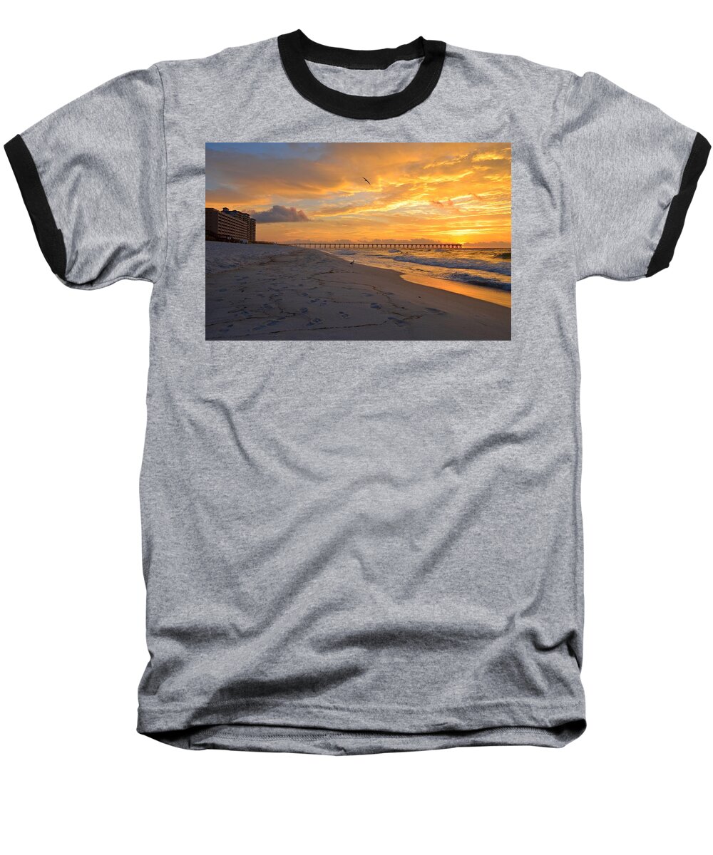 Navarre Pier Baseball T-Shirt featuring the photograph Navarre Pier and Navarre Beach Skyline at Sunrise with Gulls by Jeff at JSJ Photography