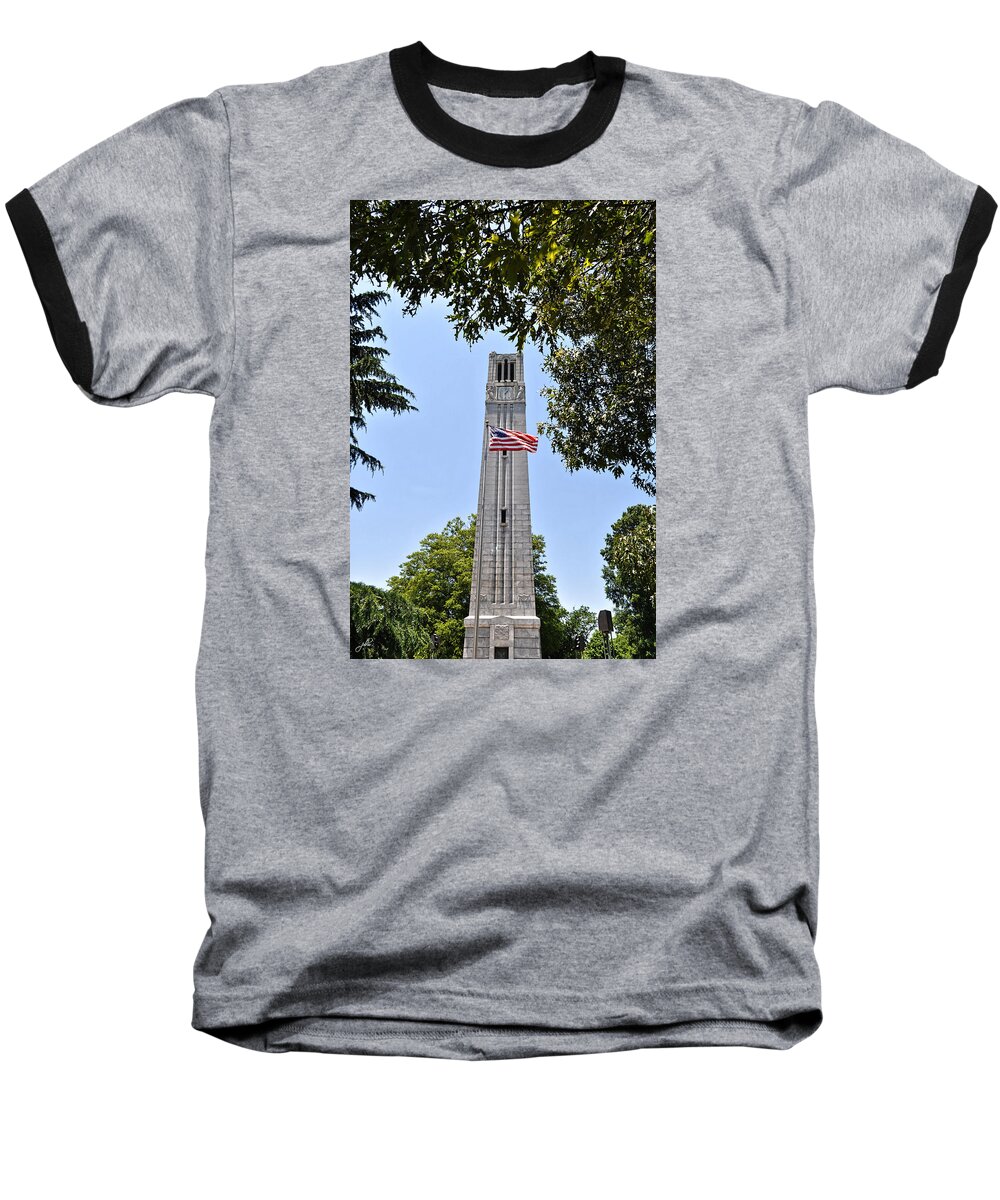 Nature Baseball T-Shirt featuring the photograph NC State Memorial Bell Tower and US Flag by Paulette B Wright
