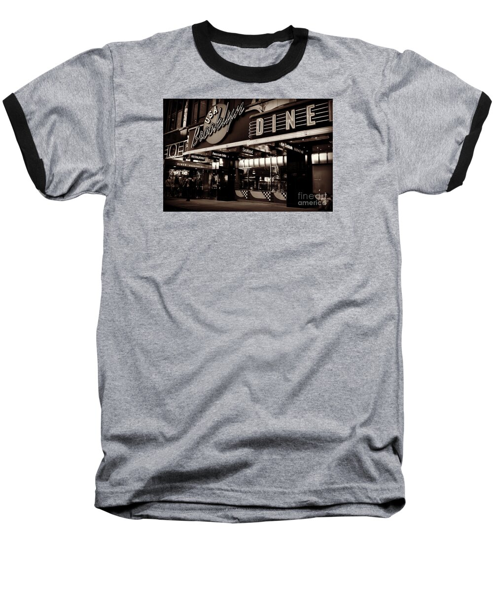 Diner Baseball T-Shirt featuring the photograph New York at Night - Brooklyn Diner - Sepia by Miriam Danar