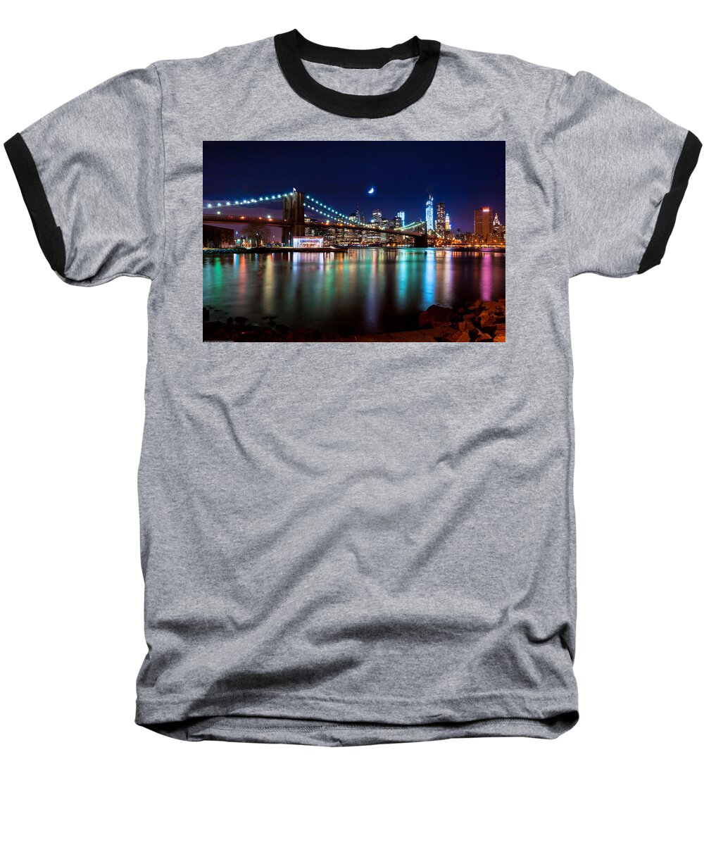 New York Baseball T-Shirt featuring the photograph New York Skyline and Brooklyn Bridge with Crescent Moon Rising by Mitchell R Grosky