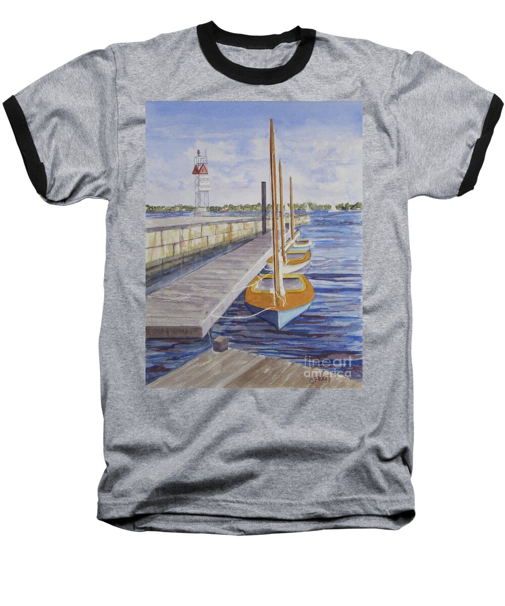 Newport Baseball T-Shirt featuring the painting Newport Boats in Waiting by Carol Flagg