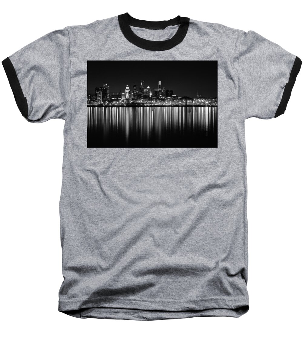 Philadelphia Baseball T-Shirt featuring the photograph Nightfall in Philly b/w by Jennifer Ancker