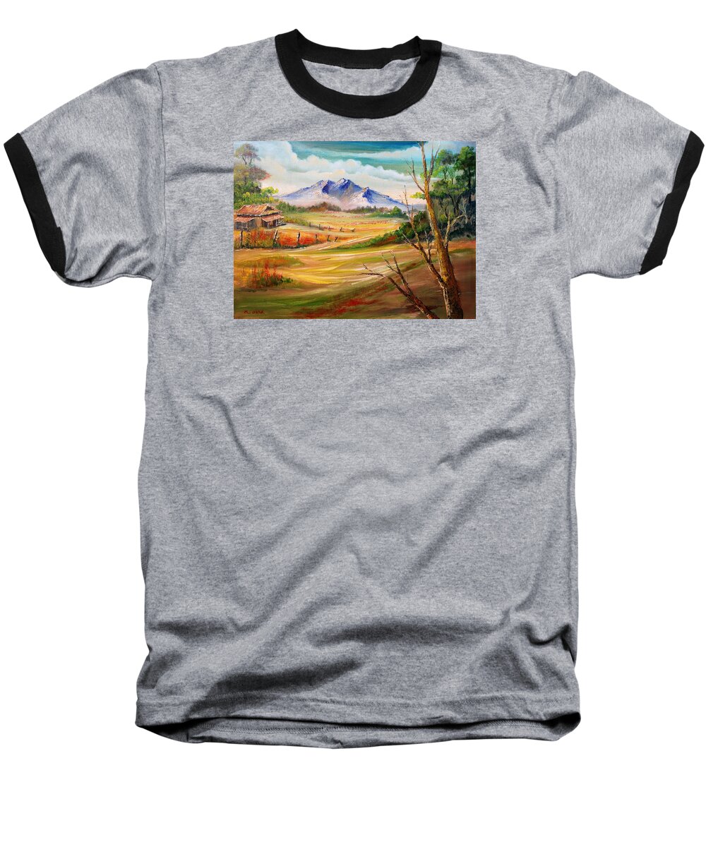 Landscape Baseball T-Shirt featuring the painting Nipa Hut 2 by Remegio Onia