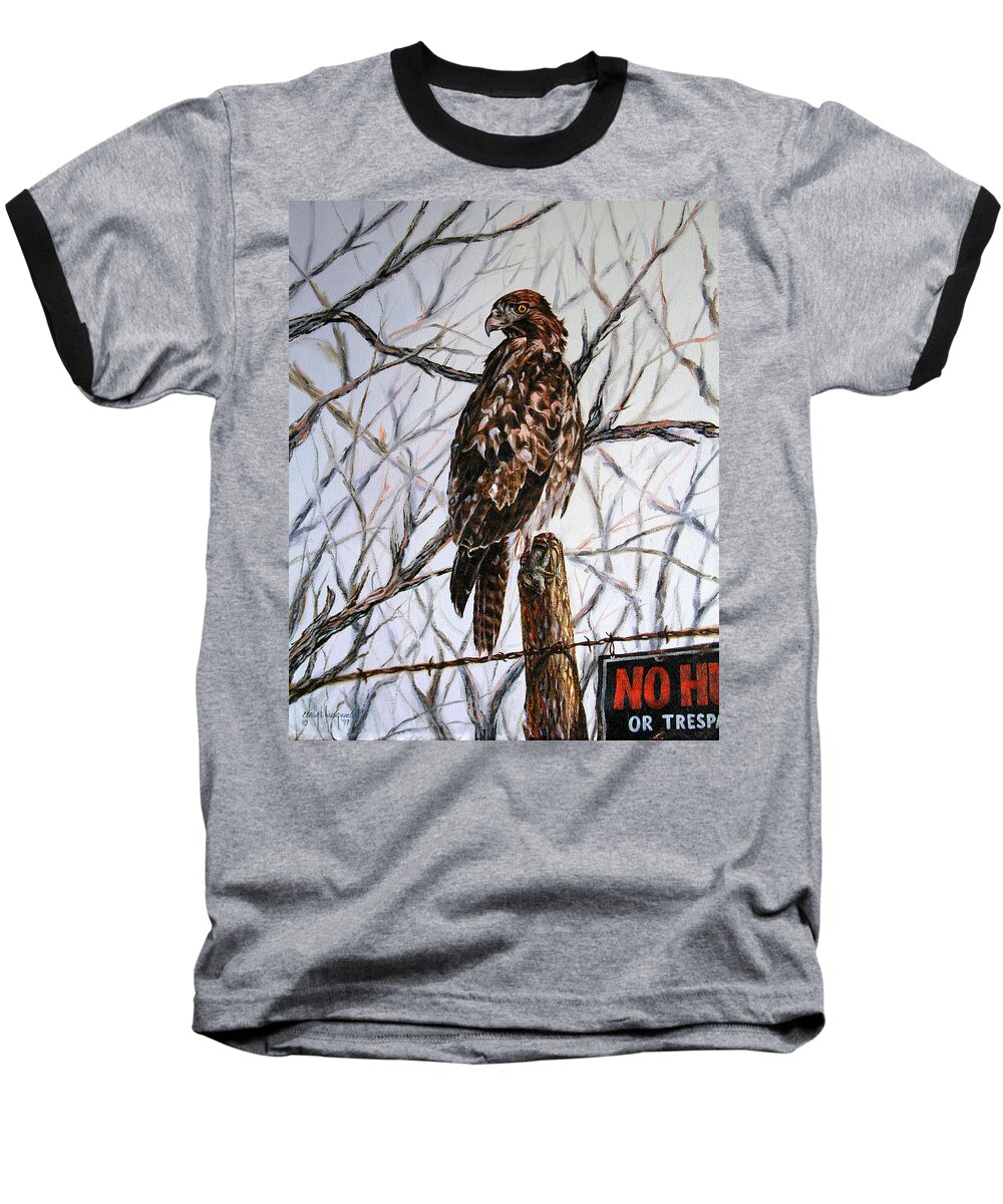 Red-tailed Hawk Baseball T-Shirt featuring the painting No Hunting by Craig Burgwardt