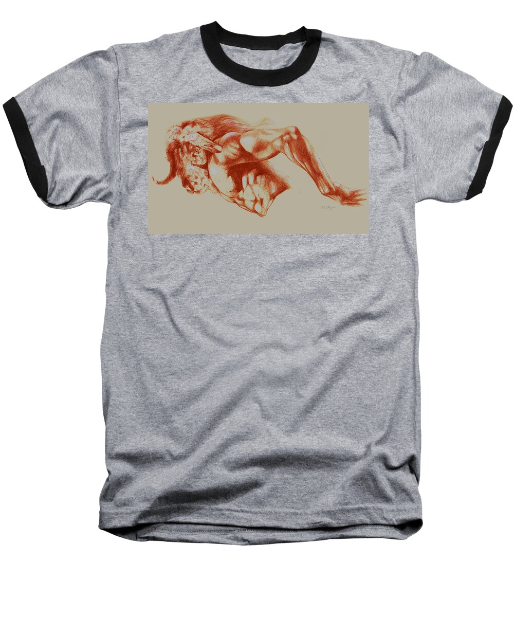 Nude Baseball T-Shirt featuring the drawing North American Minotaur red sketch by Derrick Higgins